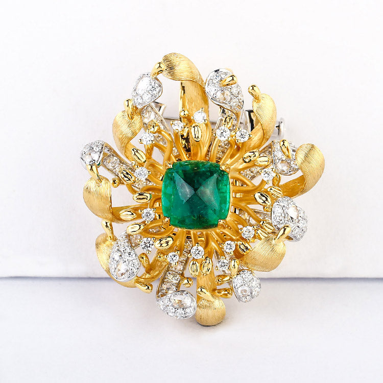 Affordable Luxury Jewelry Lab Grown Emerald and Diamond Brooch 14K Yellow Gold