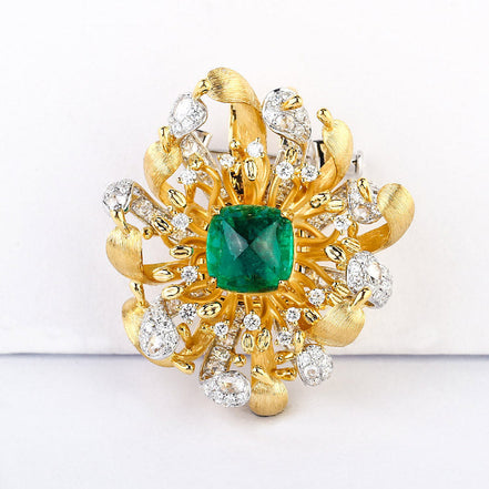 Affordable Luxury Jewelry Lab Grown Emerald and Diamond Brooch 14K Yellow Gold