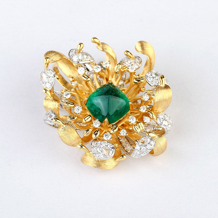 Affordable Luxury Jewelry Lab Grown Emerald and Diamond Brooch 14K Yellow Gold