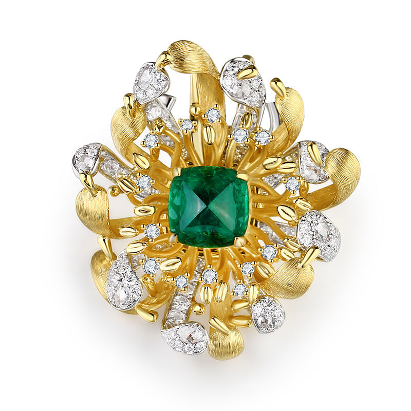 Affordable Luxury Jewelry Lab Grown Emerald and Diamond Brooch 14K Yellow Gold